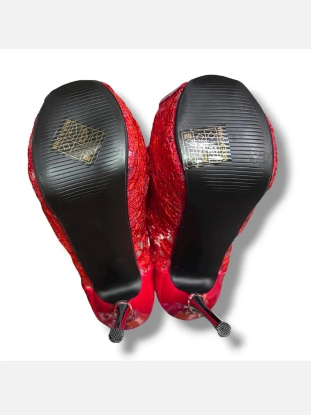 GETMOREBEAUTY Red Lace & Patent Leather Platform Stilettos Ankle Strap Size 36/6